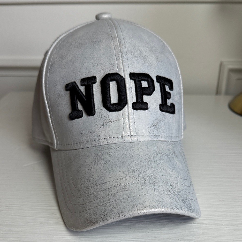 White Metallic ‘NOPE' Embroidered Baseball Cap. NWT.